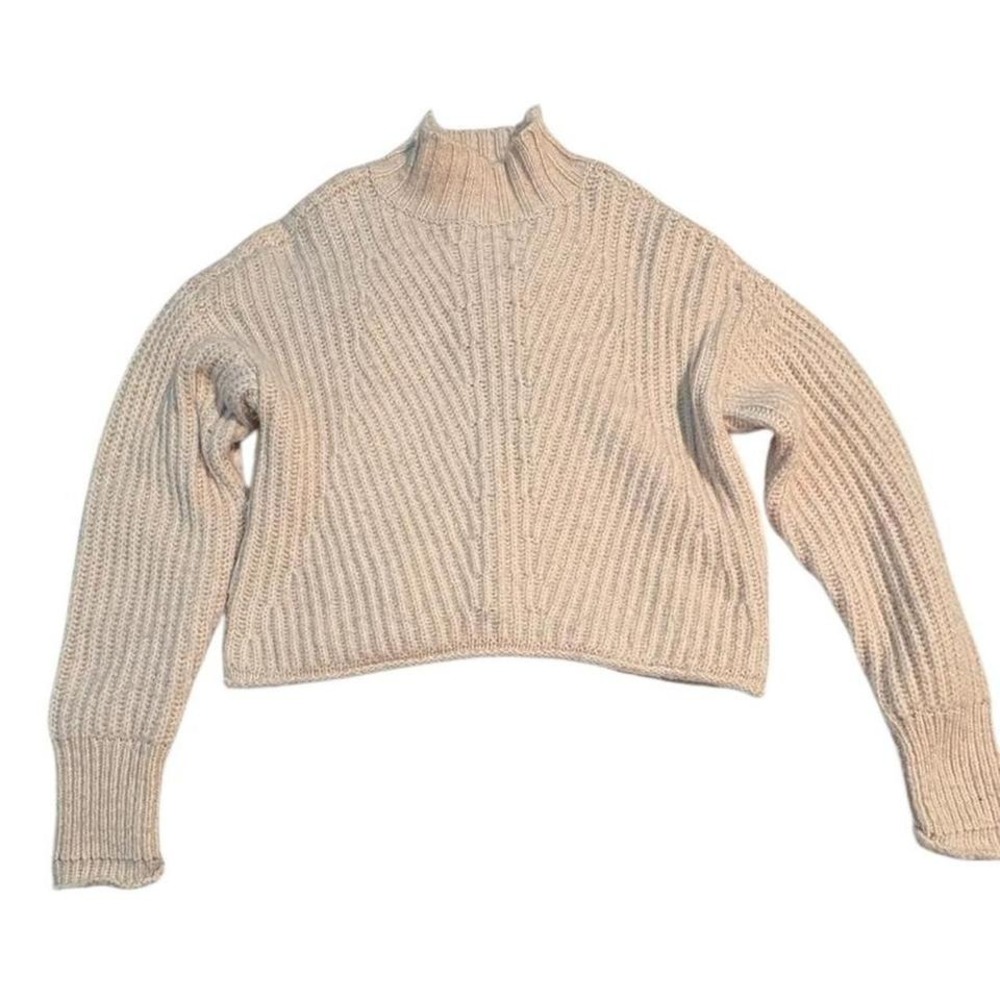Champagne Light Pink Ribbed Knit Mock Neck Cropped Sweater XS Cozy Cottagecore